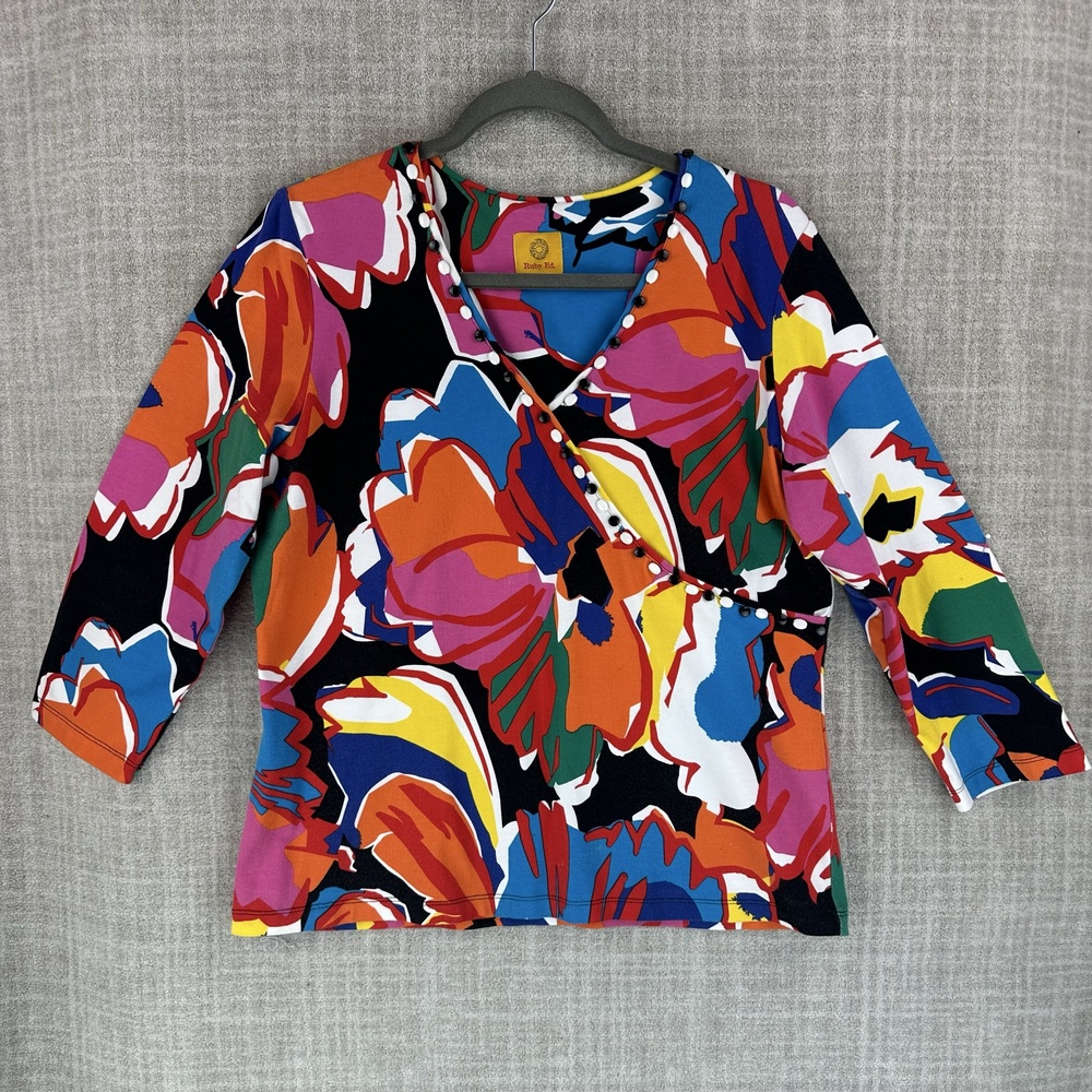 Ruby Rd. Blouse Womens Multicolor Tunic V-Neck Beaded Hawaiian